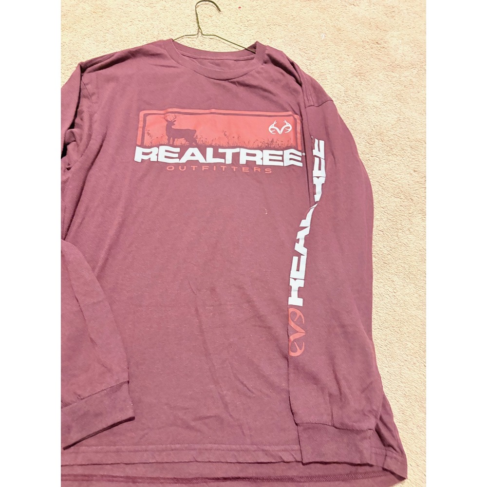 Realtree Outfitters Mens Long Sleeve Graphic Tee Maroon Burgundy Deer Logo L